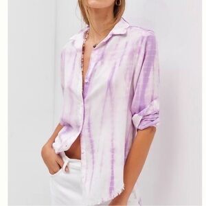 Anthropologie Cloth & Stone purple tie dye button down frayed hem white shirt XL